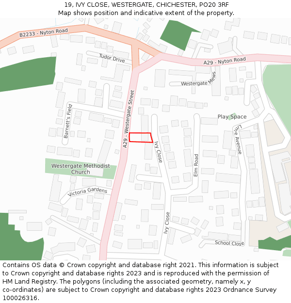 19, IVY CLOSE, WESTERGATE, CHICHESTER, PO20 3RF: Location map and indicative extent of plot