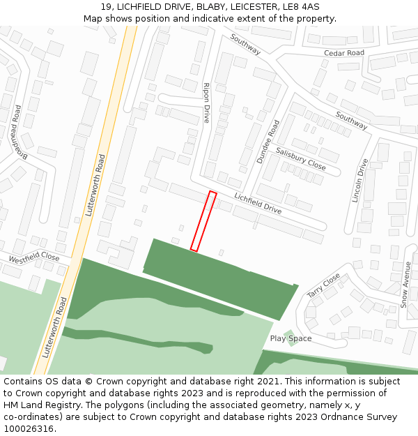 19, LICHFIELD DRIVE, BLABY, LEICESTER, LE8 4AS: Location map and indicative extent of plot