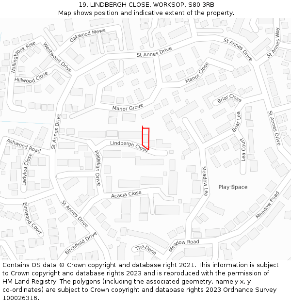 19, LINDBERGH CLOSE, WORKSOP, S80 3RB: Location map and indicative extent of plot