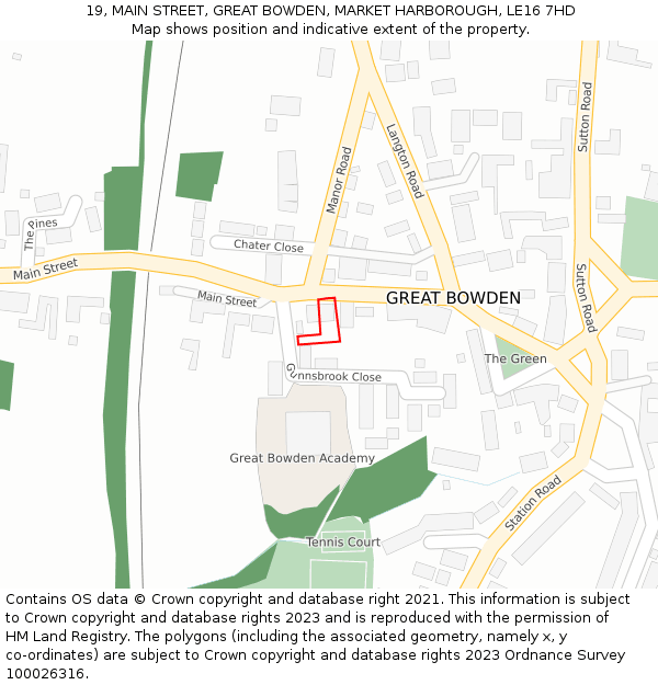 19, MAIN STREET, GREAT BOWDEN, MARKET HARBOROUGH, LE16 7HD: Location map and indicative extent of plot