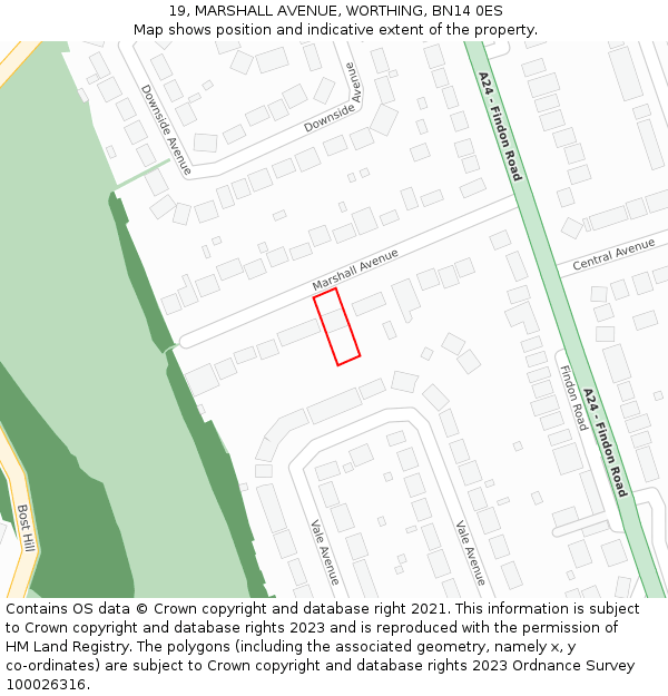 19, MARSHALL AVENUE, WORTHING, BN14 0ES: Location map and indicative extent of plot