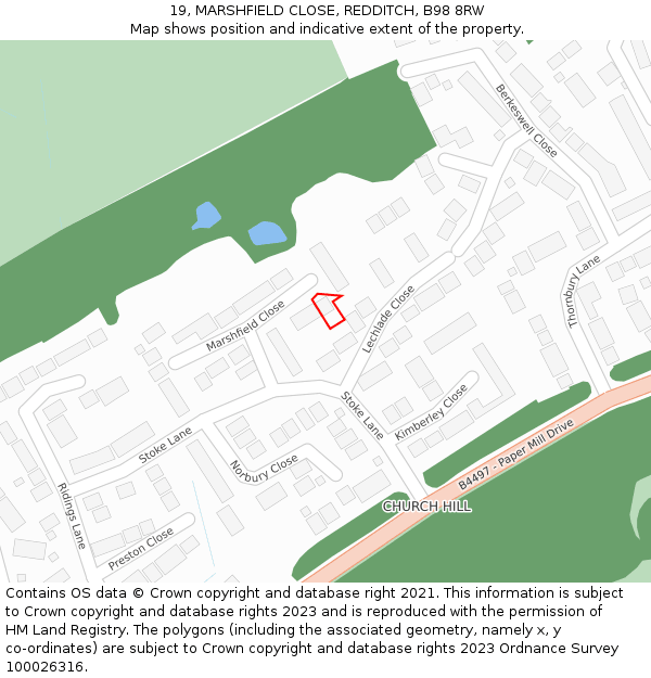 19, MARSHFIELD CLOSE, REDDITCH, B98 8RW: Location map and indicative extent of plot