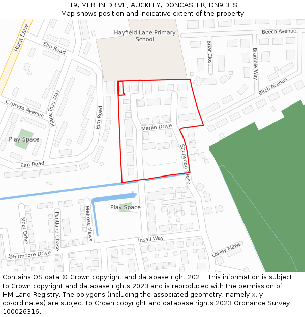 19, MERLIN DRIVE, AUCKLEY, DONCASTER, DN9 3FS: Location map and indicative extent of plot