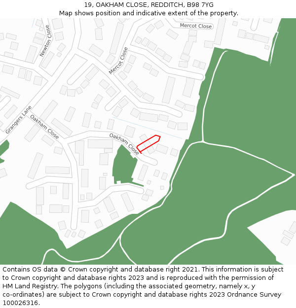 19, OAKHAM CLOSE, REDDITCH, B98 7YG: Location map and indicative extent of plot