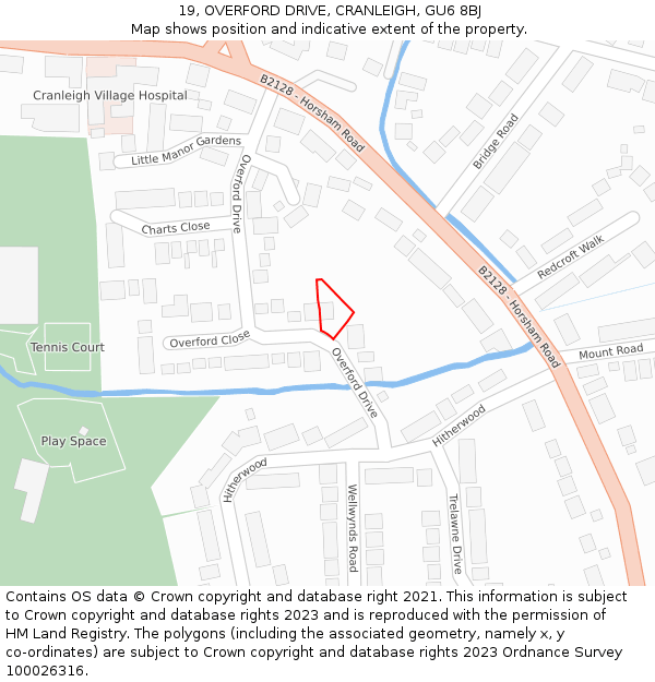 19, OVERFORD DRIVE, CRANLEIGH, GU6 8BJ: Location map and indicative extent of plot