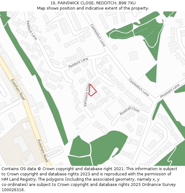 19, PAINSWICK CLOSE, REDDITCH, B98 7XU: Location map and indicative extent of plot