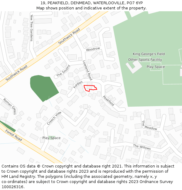 19, PEAKFIELD, DENMEAD, WATERLOOVILLE, PO7 6YP: Location map and indicative extent of plot