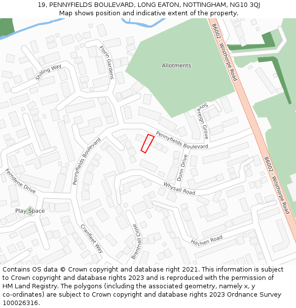 19, PENNYFIELDS BOULEVARD, LONG EATON, NOTTINGHAM, NG10 3QJ: Location map and indicative extent of plot