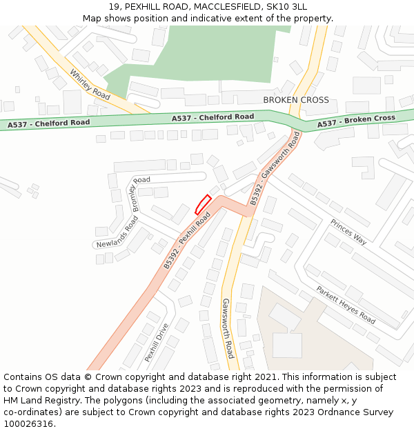 19, PEXHILL ROAD, MACCLESFIELD, SK10 3LL: Location map and indicative extent of plot