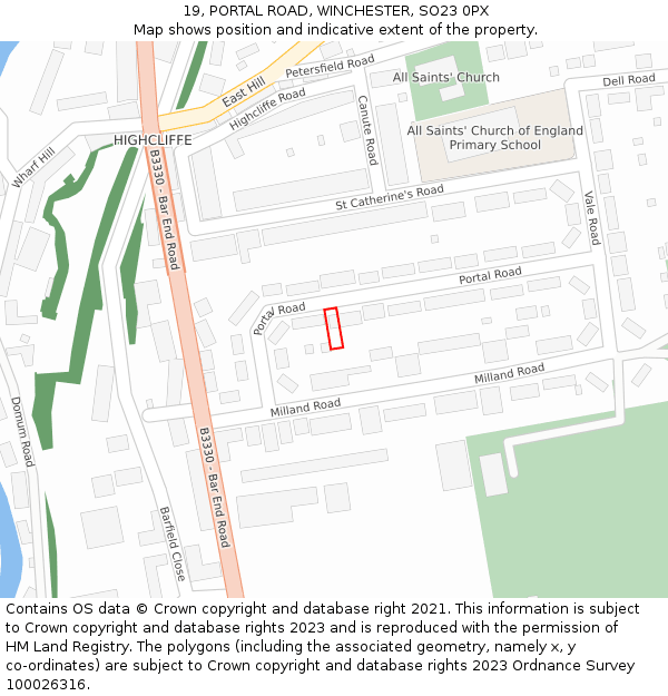 19, PORTAL ROAD, WINCHESTER, SO23 0PX: Location map and indicative extent of plot