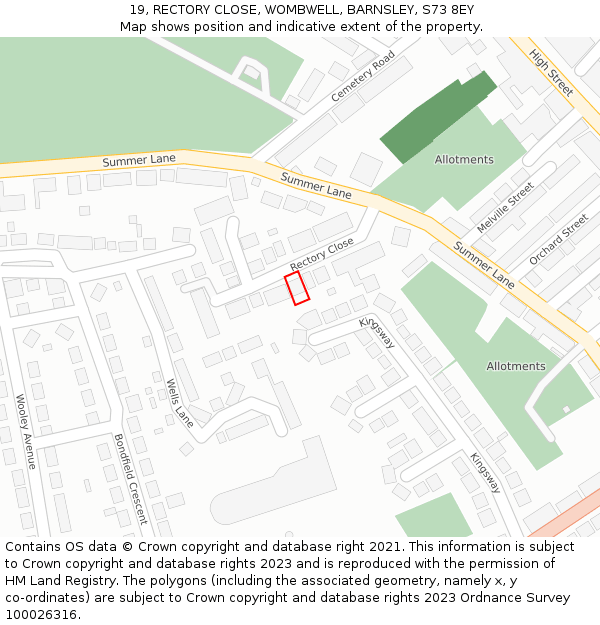 19, RECTORY CLOSE, WOMBWELL, BARNSLEY, S73 8EY: Location map and indicative extent of plot