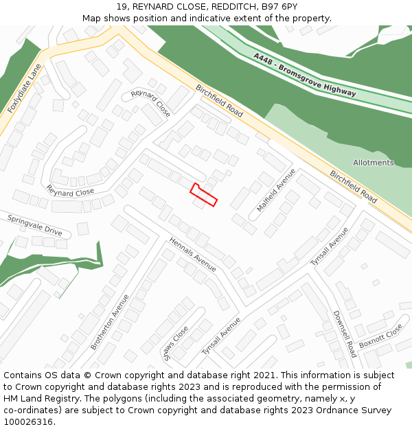 19, REYNARD CLOSE, REDDITCH, B97 6PY: Location map and indicative extent of plot