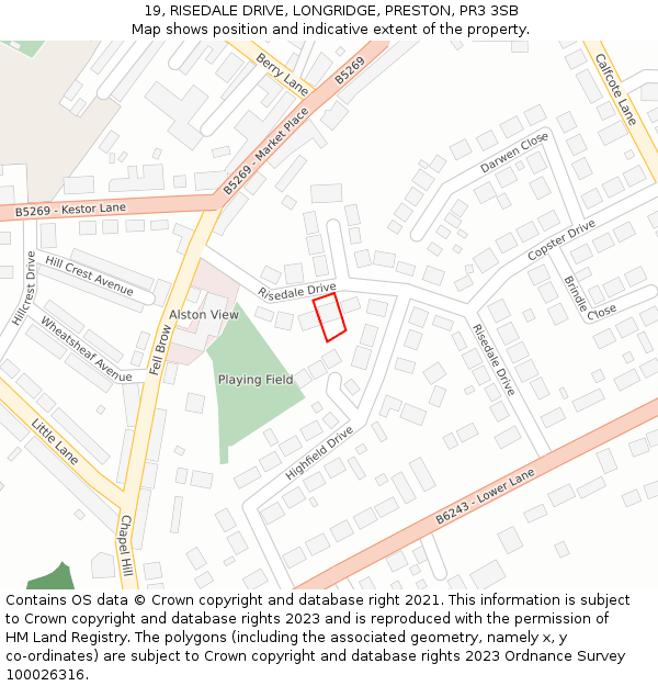 19, RISEDALE DRIVE, LONGRIDGE, PRESTON, PR3 3SB: Location map and indicative extent of plot
