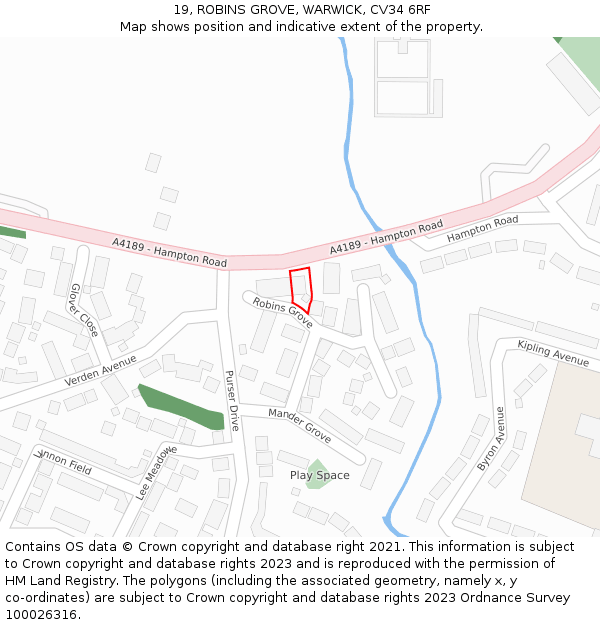 19, ROBINS GROVE, WARWICK, CV34 6RF: Location map and indicative extent of plot