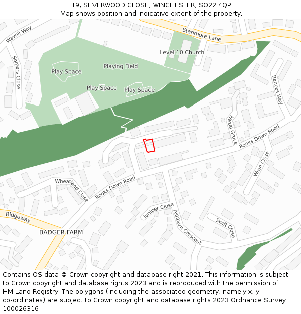 19, SILVERWOOD CLOSE, WINCHESTER, SO22 4QP: Location map and indicative extent of plot