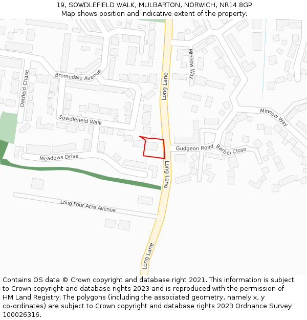 19, SOWDLEFIELD WALK, MULBARTON, NORWICH, NR14 8GP: Location map and indicative extent of plot