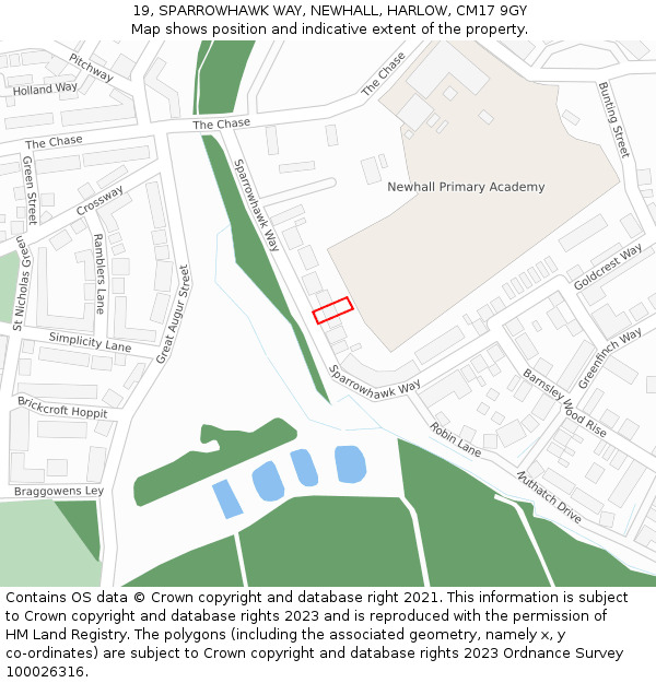 19, SPARROWHAWK WAY, NEWHALL, HARLOW, CM17 9GY: Location map and indicative extent of plot
