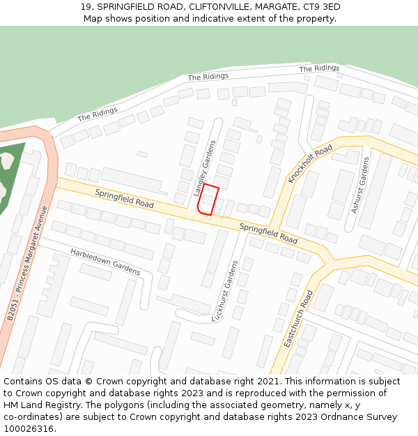 19, SPRINGFIELD ROAD, CLIFTONVILLE, MARGATE, CT9 3ED: Location map and indicative extent of plot