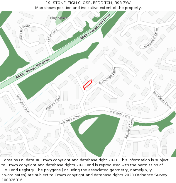 19, STONELEIGH CLOSE, REDDITCH, B98 7YW: Location map and indicative extent of plot