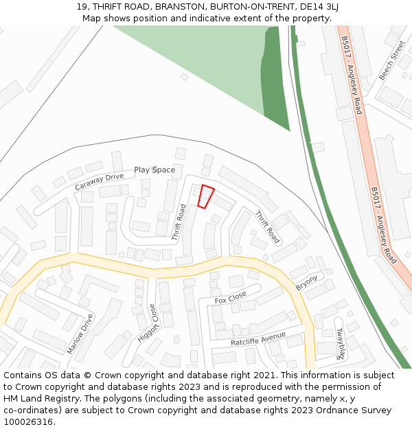 19, THRIFT ROAD, BRANSTON, BURTON-ON-TRENT, DE14 3LJ: Location map and indicative extent of plot