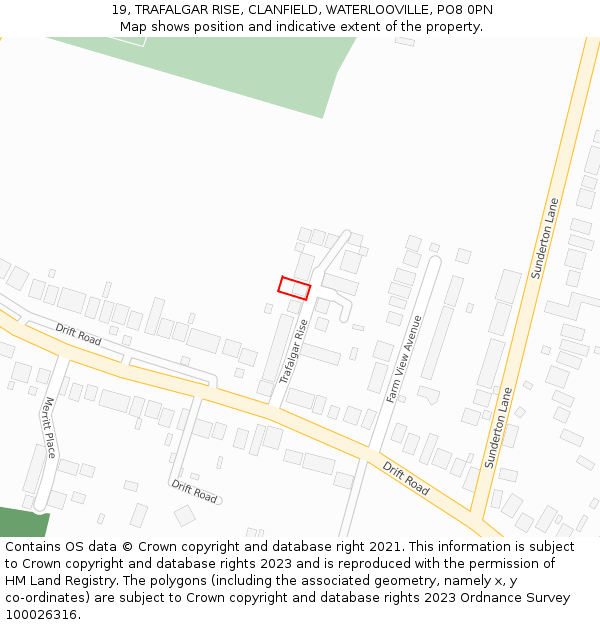 19, TRAFALGAR RISE, CLANFIELD, WATERLOOVILLE, PO8 0PN: Location map and indicative extent of plot