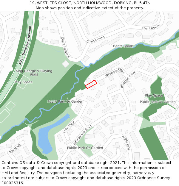 19, WESTLEES CLOSE, NORTH HOLMWOOD, DORKING, RH5 4TN: Location map and indicative extent of plot