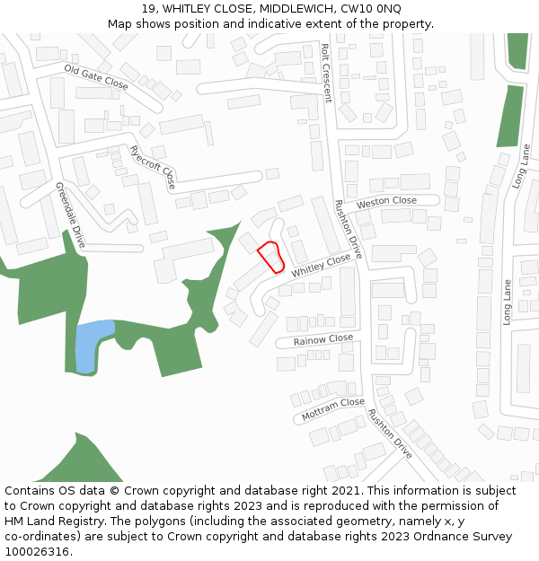 19, WHITLEY CLOSE, MIDDLEWICH, CW10 0NQ: Location map and indicative extent of plot