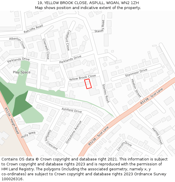 19, YELLOW BROOK CLOSE, ASPULL, WIGAN, WN2 1ZH: Location map and indicative extent of plot