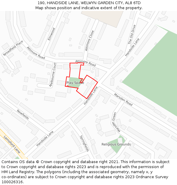 190, HANDSIDE LANE, WELWYN GARDEN CITY, AL8 6TD: Location map and indicative extent of plot