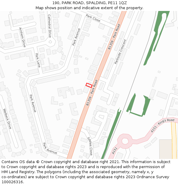 190, PARK ROAD, SPALDING, PE11 1QZ: Location map and indicative extent of plot