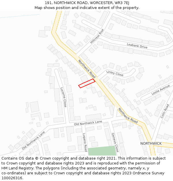 191, NORTHWICK ROAD, WORCESTER, WR3 7EJ: Location map and indicative extent of plot