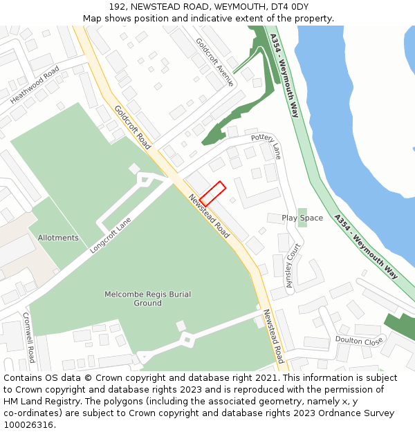 192, NEWSTEAD ROAD, WEYMOUTH, DT4 0DY: Location map and indicative extent of plot