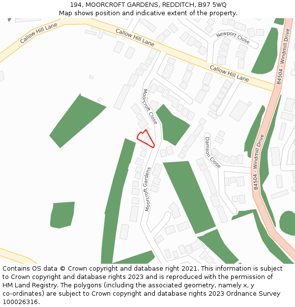 194, MOORCROFT GARDENS, REDDITCH, B97 5WQ: Location map and indicative extent of plot