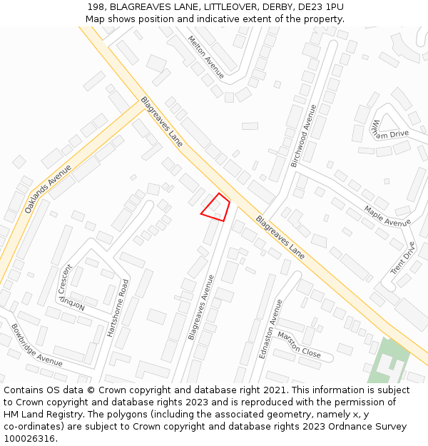 198, BLAGREAVES LANE, LITTLEOVER, DERBY, DE23 1PU: Location map and indicative extent of plot