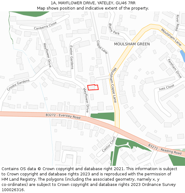 1A, MAYFLOWER DRIVE, YATELEY, GU46 7RR: Location map and indicative extent of plot