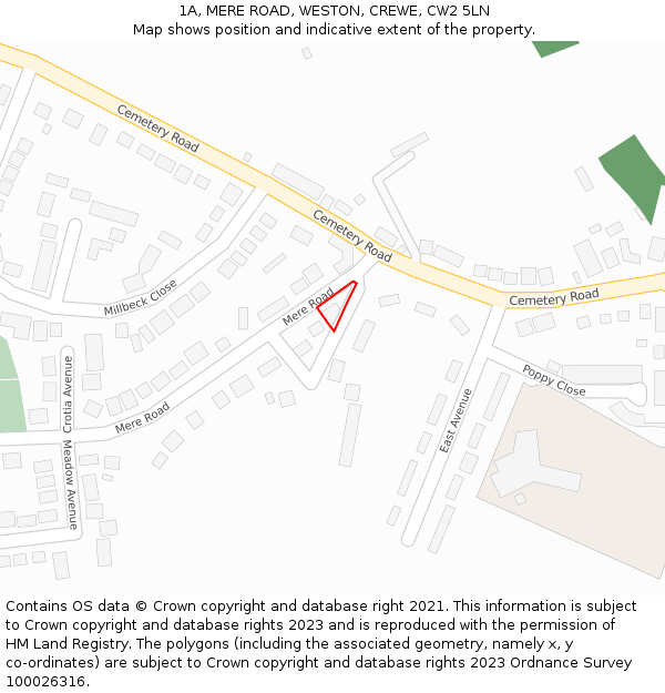 1A, MERE ROAD, WESTON, CREWE, CW2 5LN: Location map and indicative extent of plot