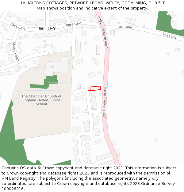 1A, MILTONS COTTAGES, PETWORTH ROAD, WITLEY, GODALMING, GU8 5LT: Location map and indicative extent of plot