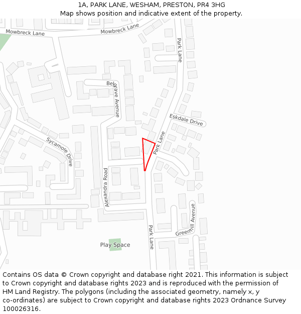 1A, PARK LANE, WESHAM, PRESTON, PR4 3HG: Location map and indicative extent of plot