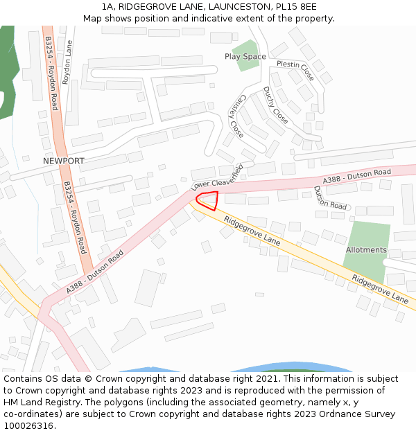 1A, RIDGEGROVE LANE, LAUNCESTON, PL15 8EE: Location map and indicative extent of plot