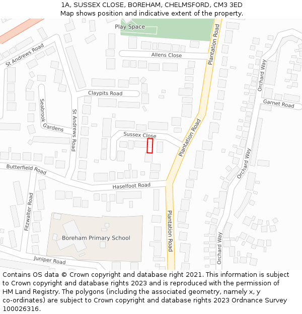 1A, SUSSEX CLOSE, BOREHAM, CHELMSFORD, CM3 3ED: Location map and indicative extent of plot