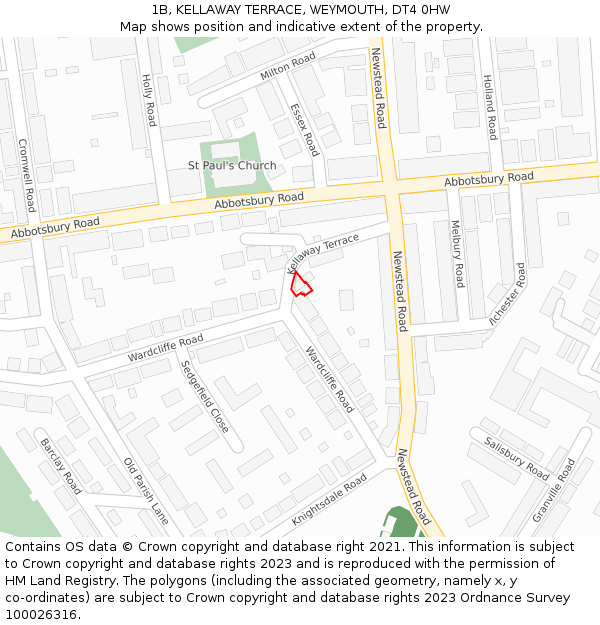 1B, KELLAWAY TERRACE, WEYMOUTH, DT4 0HW: Location map and indicative extent of plot