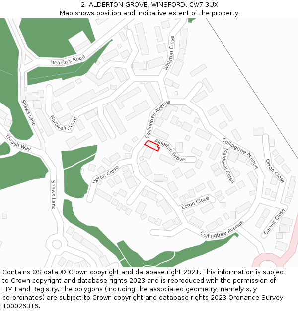 2, ALDERTON GROVE, WINSFORD, CW7 3UX: Location map and indicative extent of plot