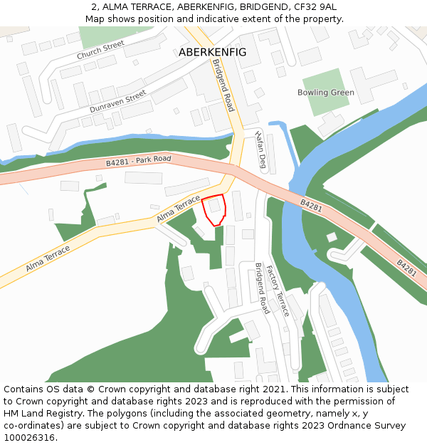 2, ALMA TERRACE, ABERKENFIG, BRIDGEND, CF32 9AL: Location map and indicative extent of plot