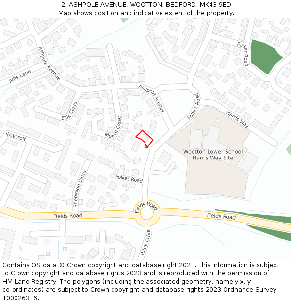 2, ASHPOLE AVENUE, WOOTTON, BEDFORD, MK43 9ED: Location map and indicative extent of plot