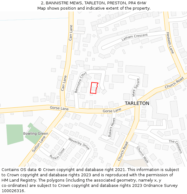 2, BANNISTRE MEWS, TARLETON, PRESTON, PR4 6HW: Location map and indicative extent of plot