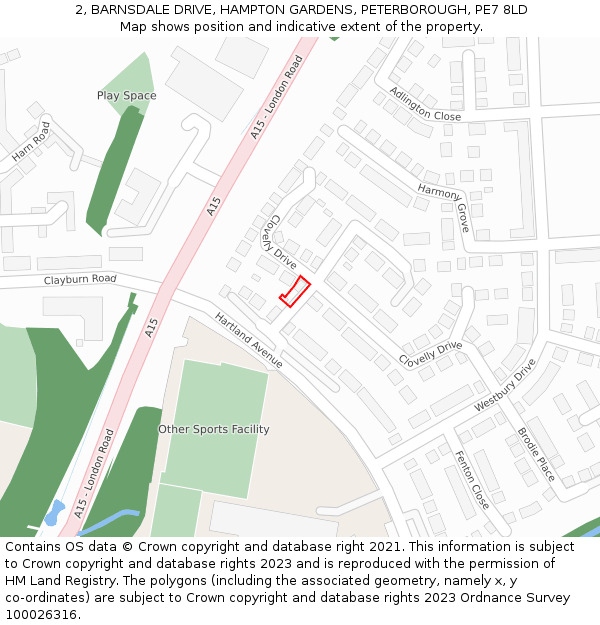 2, BARNSDALE DRIVE, HAMPTON GARDENS, PETERBOROUGH, PE7 8LD: Location map and indicative extent of plot