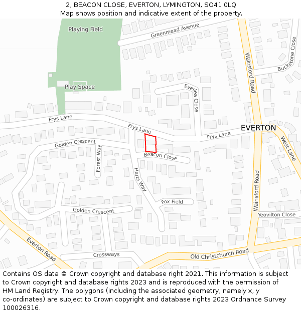 2, BEACON CLOSE, EVERTON, LYMINGTON, SO41 0LQ: Location map and indicative extent of plot