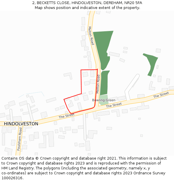 2, BECKETTS CLOSE, HINDOLVESTON, DEREHAM, NR20 5FA: Location map and indicative extent of plot