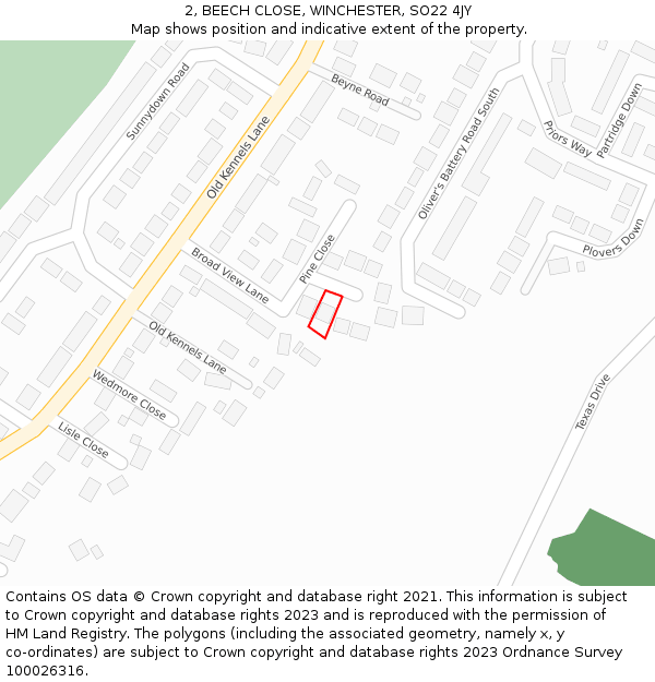 2, BEECH CLOSE, WINCHESTER, SO22 4JY: Location map and indicative extent of plot