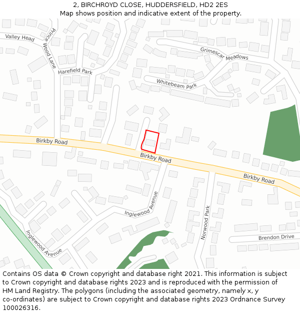 2, BIRCHROYD CLOSE, HUDDERSFIELD, HD2 2ES: Location map and indicative extent of plot